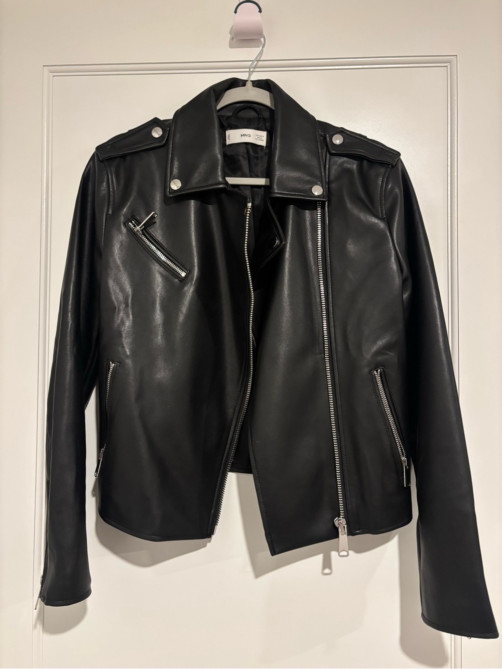 Mango Black Faux Leather Moto Jacket with Silver Hardware